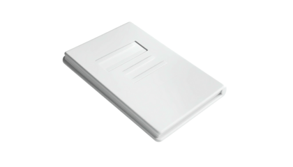 A white, closed book with a rectangular label area and horizontal lines on the cover