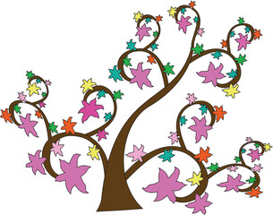 Obraz premium Vector art illustration of a spring tree with pink cherry blossom flowers, green leaf branches, and silhouette bird design