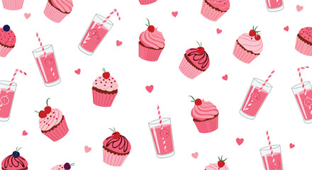 A delightful pattern featuring sweet pink cupcakes and refreshing strawberry milkshakes.