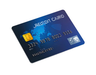A glossy, blue credit card with the words "CREDIT CARD" visible and numbers