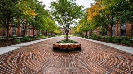 Brick Pathway and Trees: A symmetrical arrangement of trees leads the eye towards a brick pathway.