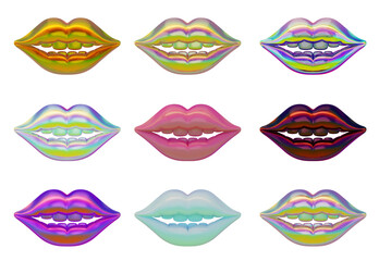Lips smile glossy solid holographic collection isolated background 3d rendering	