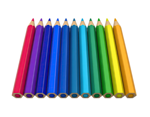 Array of colored pencils, aligned, on black. Varying hues in a rainbow display