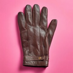 A single brown leather glove is displayed on a vibrant pink surface showcasing its smooth texture and detailed stitching, emphasizing its quality craftsmanship and design.