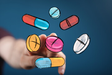 Digital illustration of hand interacting with colorful pills and capsules.  Perfect for healthcare, medicine, and pharmacy concepts.