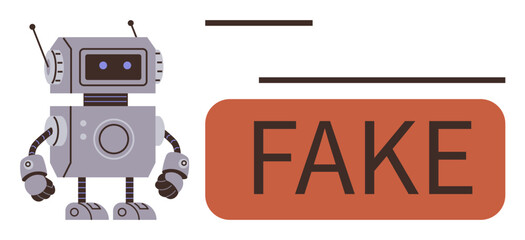 Friendly robot with visible gears and antennas standing near a red warning banner displaying large FAKE text. Ideal for technology, misinformation, AI ethics, alerts, warnings, education, digital