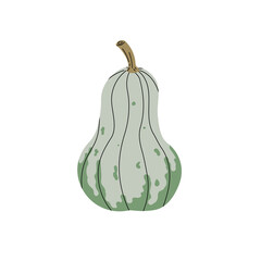 Autumn pumpkin in flat minimalistic style. Decorative fall vegetable with black outlines in simple design. Seasonal farm harvest. Vector illustration isolated on white background.