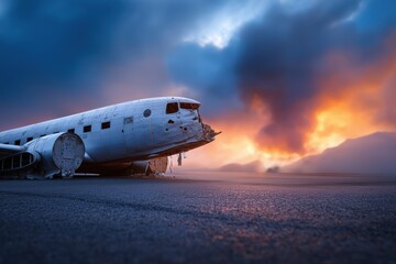 Obraz premium Abandoned plane wreck on rocky terrain at sunset with dramatic smoky sky