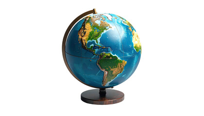 A detailed realistic illuminated globe on a wooden stand against a stark black backdrop