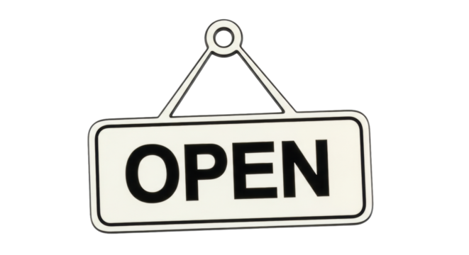 Isolated storefront open sign for business, store or restaurant with hanging rope handle