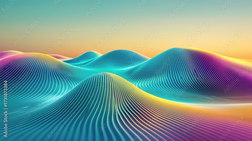 Wall mural laser diffraction patterns creating flowing wave mountains with vibrant turquoise magenta yellow gra