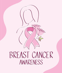 Hand drawn pink ribbon and roses with woman line graphic in breast cancer awareness concept