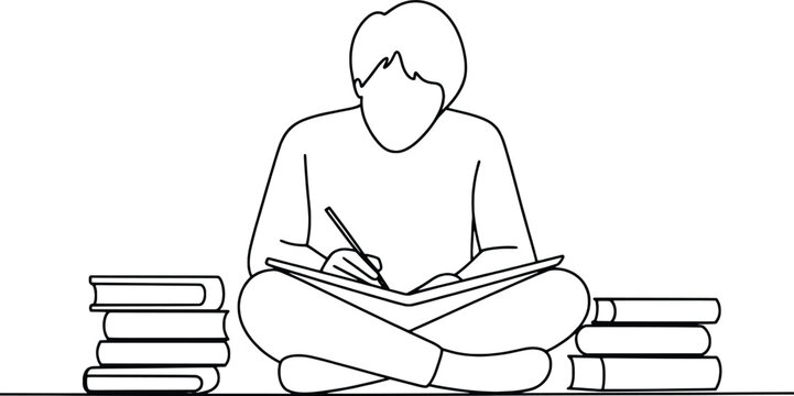 Person sitting cross-legged reading books line drawing simple sketch learning education knowledge