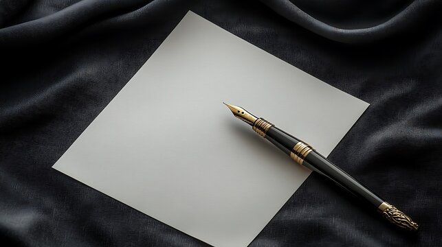 A top-down artistic still life of a blank paper sheet with subtle texture, an ornate golden pen resting nearby, faint ambient light casting soft shadows onto a deep charcoal fabric background, quiet,