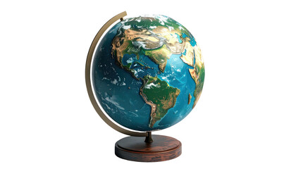 A detailed Earth globe with brown stand, showing continents and oceans against black