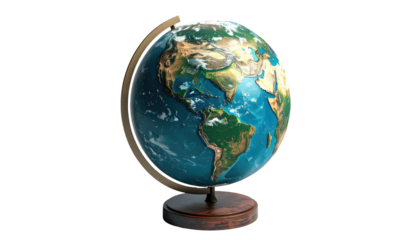 A detailed Earth globe with brown stand, showing continents and oceans against black