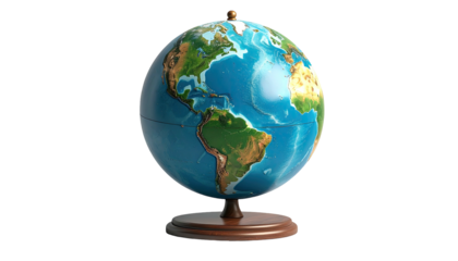 A detailed Earth globe on a wooden stand, showing continents and oceans, on black backdrop
