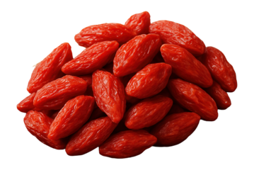 Dried goji berries on a wooden spoon.