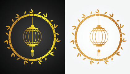 Vector image of Chinese lantern logo with beautiful and cool gold color variations with cool bamboo circle motif with black and white background for various design and branding purposes
