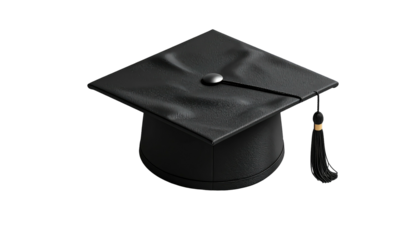 Black mortarboard, rendered against a dark background, showing tassel and button