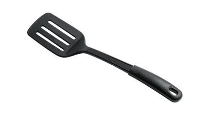 Angled view of a black slotted cooking spatula with a comfortable handle