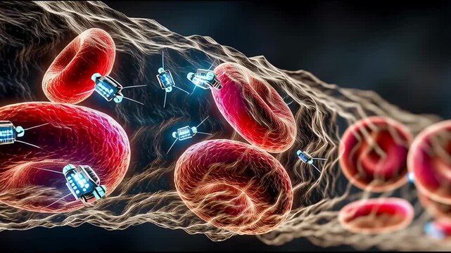 Microscopic visualization of advanced nanobots navigating bloodstream, interacting with red blood cells and targeting arterial plaque using futuristic biomedicine technology