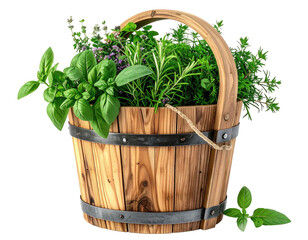 Wooden herb bucket filled with fresh, assorted herbs