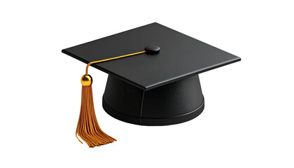 Black academic cap with gold tassel on a plain black background, slightly angled