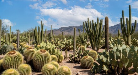 Cactus Garden Landscape with Golden Barrel Cacti and Blue Sky.