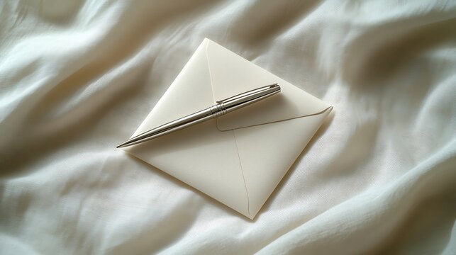 Minimalistic photograph of a pale envelope with visible paper grain, sleek silver pen placed diagonally on soft ivory linen fabric, subtle shadows and soft golden highlights from gentle sunlight,