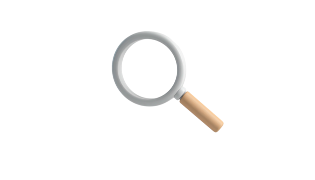 3D-rendered magnifying glass, silver ring, wooden handle, on a black backdrop
