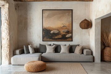 Grey sofa near beige stucco wall and big poster frame on it. Boho, rustic interior design of modern living room. Created with, Generative AI