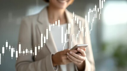 female entrepreneur holding smartphone with upward candlestick chart positive stock gains reflection soft tick of analog clock nearby sense of steady growth three quarter wide - Powered by Adobe
