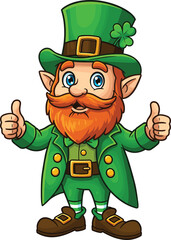 Cartoon leprechaun mascot with orange beard giving thumbs up, green hat shamrock, St Patrick’s Day Irish folklore lucky character illustration