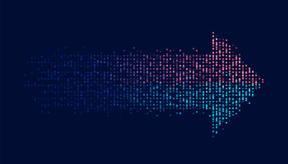 Pixelated digital arrow in gradient blue and red tones with fading effect on dark background, vector illustration for technology and progress theme.
