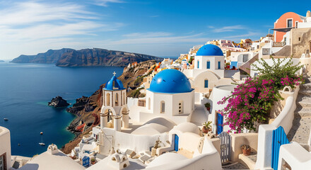 White cycladic architecture of Oia village in Santorini island, Greece, with a view of the Aegean Sea and sky