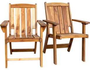 Two wooden outdoor chairs, light brown hue, slatted backs and seats