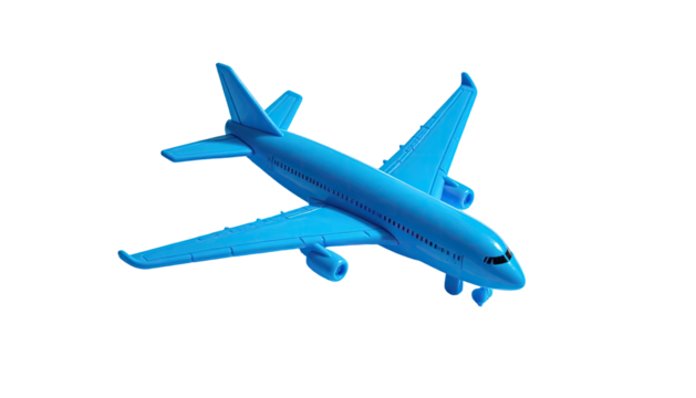 A bright blue toy airplane isolated against a stark black background