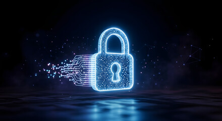 Futuristic digital padlock glowing on a dark background representing cybersecurity and data protection