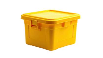 Bright yellow rectangular storage container with lid and latch, isolated on black