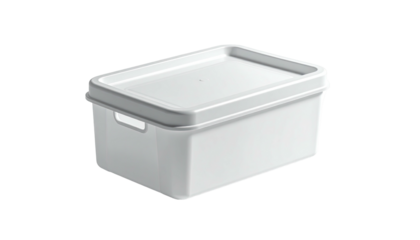 Rectangular white plastic storage bin with a matching lid, isolated on black background