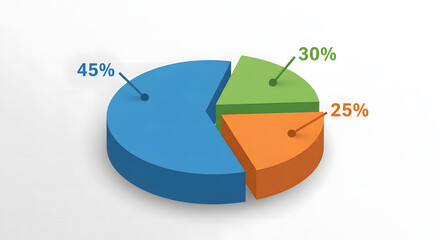A colorful 3D pie chart illustration showing data visualization with segments of 45, 30, and 25 percent for business analytics
