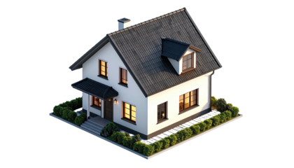 Isometric view of a cozy two-story house, lit windows, surrounded by bushes