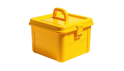 A bright yellow, square toolbox with a handle, clasp, and lid on a black backdrop
