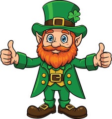 Cartoon leprechaun mascot with orange beard giving thumbs up, green hat shamrock, St Patrick’s Day Irish folklore character illustration design