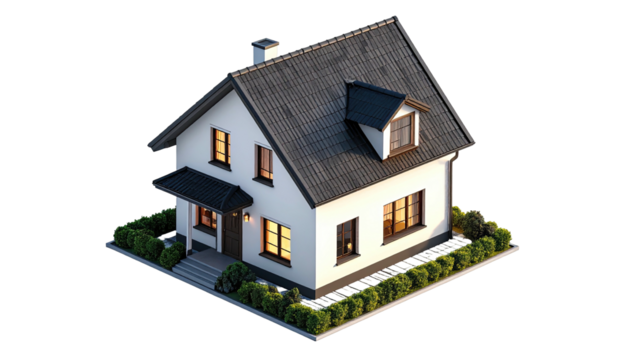 Isometric view of a cozy two-story house, lit windows, surrounded by bushes