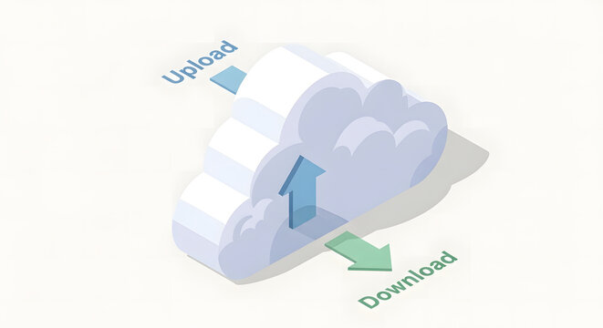 Isometric 3D illustration of cloud computing technology for data storage and transfer, depicting upload and download processes with arrows - Powered by Adobe