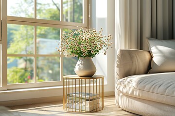 Cozy Living Room with Flower Vase. It shows a sunlit living room corner with a vase of flowers by the window and a sofa. Ideal for home decor inspiration, interior design blogs.