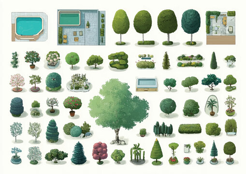 Varied assortment of hand drawn garden design elements featuring trees shrubs hedges and pools