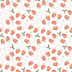 Seamless Watercolor Holiday Pattern with Red Winter Mittens, Christmas design, winter wallpaper